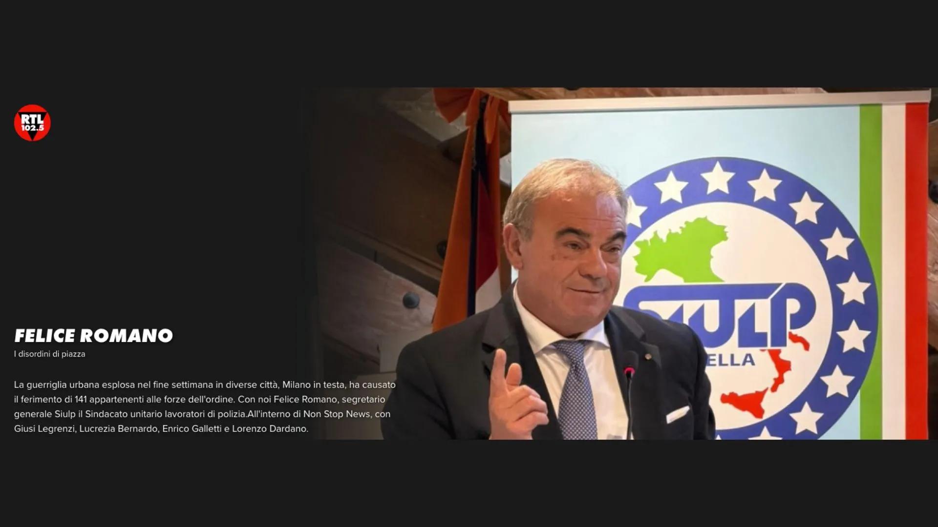 Felice Romano interviene in merito al ferimento di 141 appartenenti alle forze dell'ordine su rtl 102.5