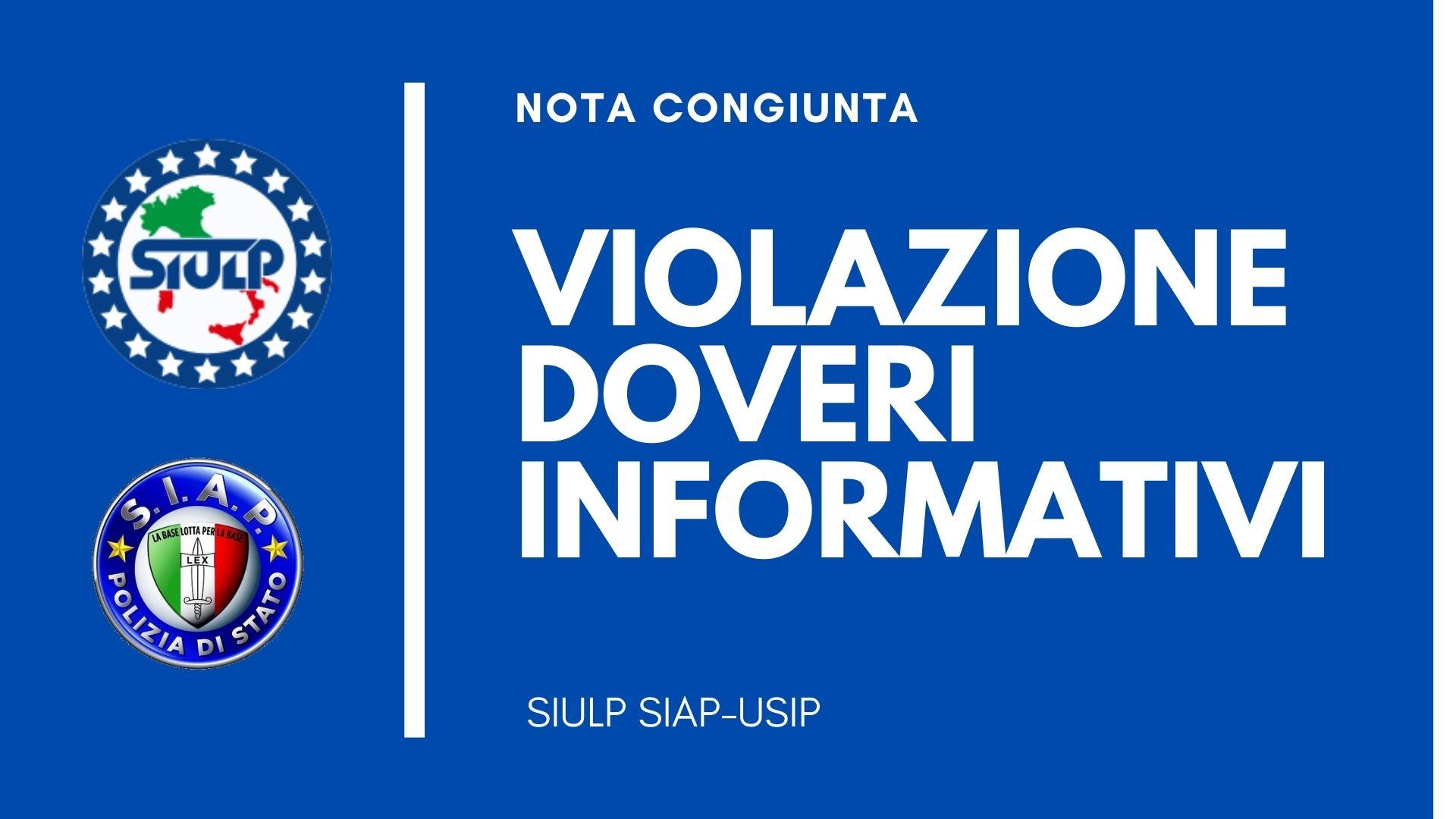 Nota congiunta SIULP SIAP-USIP su violazione doveri informativi