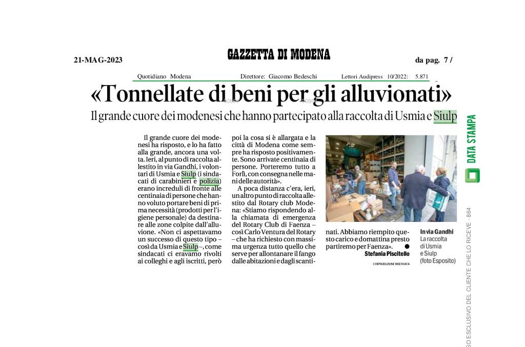 Tonnellate di beni per gli Alluvionati – SIULP MODENA