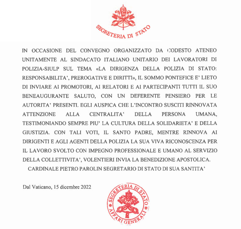 Telegramma del Vaticano e Rassegna Stampa Convegno Siulp Lumsa