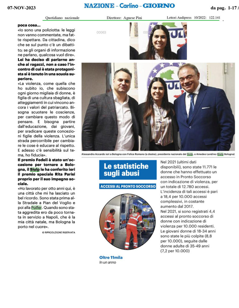 Ampio risalto su TV e carta stampata per il premio che il SIULP ha assegnato ad Alessandra Accardo